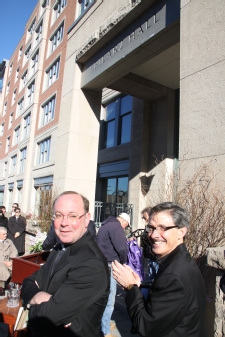 The University of Scranton dedicated Pilarz Hall, the west building of the Mulberry Street apartment and fitness complex, in honor of its 24th president, Scott R. Pilarz, S.J. At the dedication are, from left, Father Pilarz and Kevin P. Quinn, S.J., President of The University of Scranton.